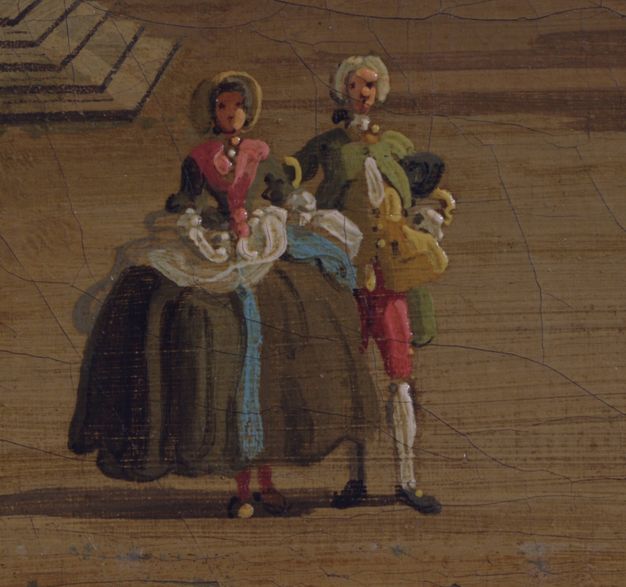 Painting. Detail view of two people with pale skin. The woman wears a bonnet and a long dress with a hoop skirt. The man next to her wears a celery-green jacket over a butter-yellow vest.
