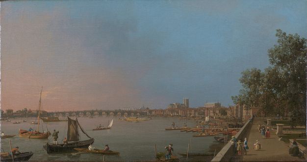 Painting. A sweeping view includes a river with a long, arched bridge across it. The setting sun warms the sky to coral pink along the horizon to our left. Dozens of rowboats and sailboats are in the river and tied along the riverbank. Westminster Abbey and Westminster Hall rise high above the surrounding buildings in the distance.