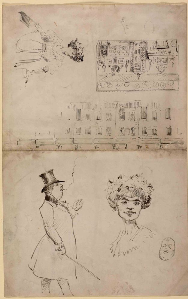 Pen on paper. On one page of a notebook are a sketch of a building façade, a cityscape, and a woman. On the facing page are caricatures of a man and a woman. The portly man, Oscar Wilde, wears a coat and top hat, holds a cane, and smokes, double chin lifted. The woman has a bony face under a cloud of hair crowned with flowers or a hat.