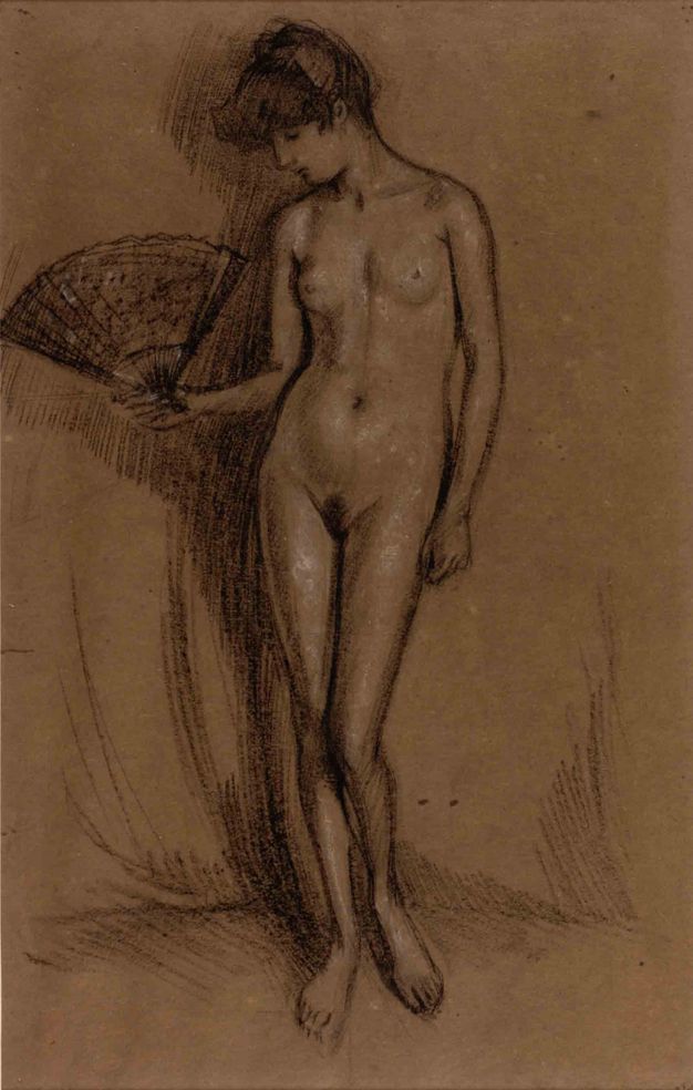 Drawing. A woman’s nude body and the open fan she holds is created with black and white chalk on brown paper. Her dark hair is swept up and she looks down at the fan held up in in one hand. Her other hand rests by her side.
