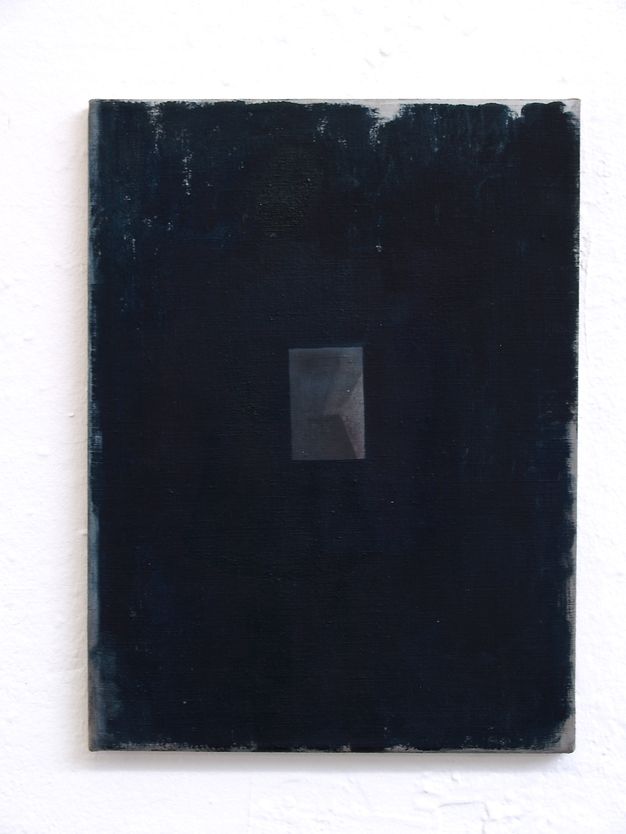 Painting. A rectangular piece of linen is painted midnight blue almost to the edges. A small square of slate blue is set like a jewel at the centre.