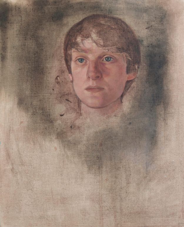 Painting. A pale face gazes steadily off to our left with blue eyes. Straight brown hair falls in bangs and is cut close to the head. A dark grey area around the head is thinly applied, as if rubbed into the linen.