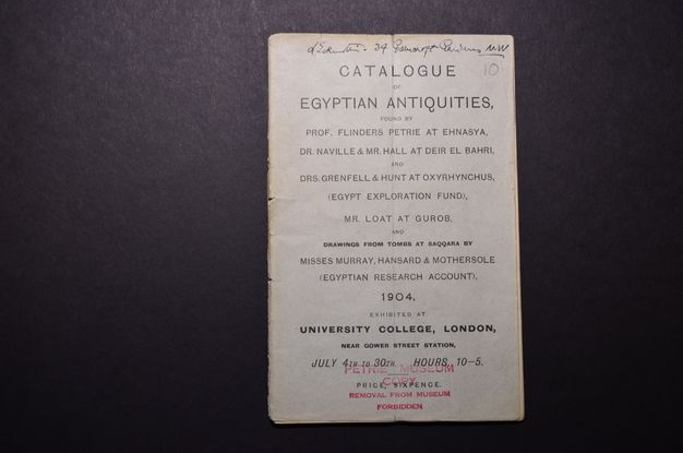 Title page. The whole page is contains text in varying sizes of sans serif font. Below the title about two-thirds of the way down the page, text reads, “Drawings from Tombs at Saqqara by Misses Murray, Hansard & Mothersole”.