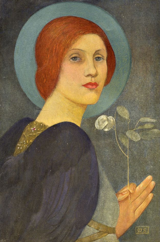 Painting. Shown from the chest up, a winged person looks over one shoulder at us. The facial features are delicate with blue eyes under thin brows, a button nose, and full red lips. A sky-blue halo surrounds copper-red hair, which is pulled back to the nape of the neck. One hand holds up a stem of a stylized white flower. Marine-blue wings cover both shoulders.