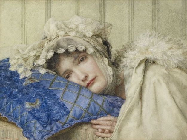 Watercolour. The head and shoulders of a pale-skinned woman lying with her head on a lapis-blue pillow fill this picture. Her brown eyes, gazing off to our left, seem unfocused. She has delicate features, and her pink lips are closed. Wisps of brown hair peek from under a frilly white bonnet tied under her neck. Her shoulders are covered with a white fur-lined cloak, and her hands are together near the pillow.