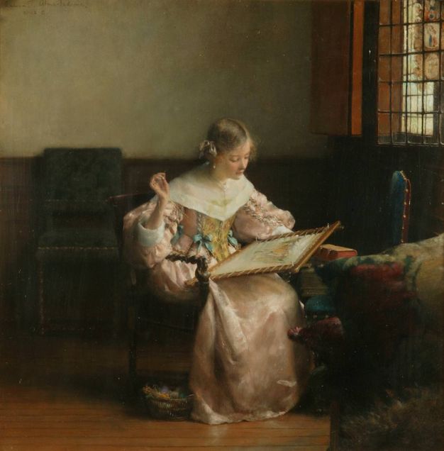 Painting. A pale-skinned woman pulls a threaded needle from an embroidery stretched on a frame held in her lap. She wears a pale pink satin dress with a floral stomacher and a wide, white collar lying across her shoulders. A tapestry-covered pillow sits in the lower right corner, close to us. The room has wood chairs, a wood floor, panelling along the back wall, and a leaded, paned window.