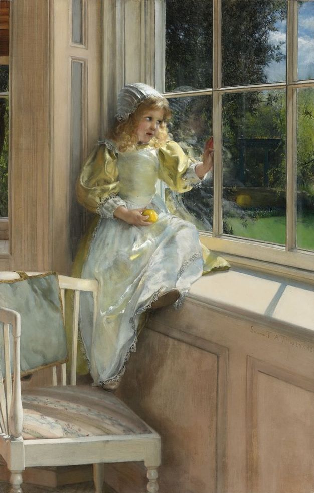 Painting. A pale-skinned girl with blond curls sits on a wide window ledge, gazing from under her brows at the sunny day outside. She wears a white bonnet and apron, and pale yellow, long dress, and holds a yellow object, probably a ball or apple, with one hand. The other rests against a rail of the window.