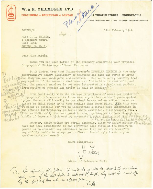 Typewritten letter. A publisher's response suggesting other publishers to contact about a proposed dictionary of women artists.
