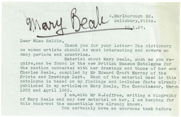 Typewritten letter. An author's response with information about where to find material about Mary Beale. The name “Mary Beale” has been handwritten across the top using a felt tip marker.