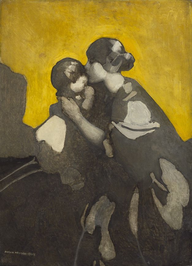 Painting. Entirely in tones of grey, a woman kisses the head of a baby in front of a canary-yellow background. The people are abstracted, created with areas of flat colour.