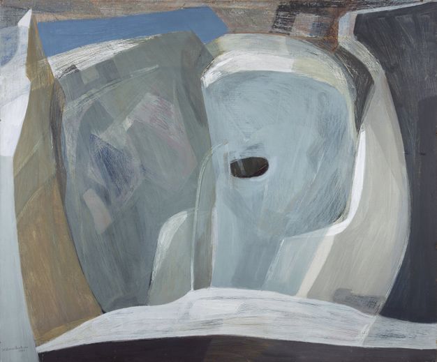Painting. Abstract shapes in slate blue, frost white, and grey roughly recall an icy landscape. Brushstrokes are visible across the canvas.