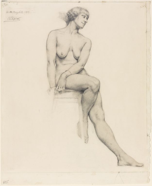 Drawing. A nude woman sits on a stool with one foot on the floor and the other propped on the rung. Her hands are gathered by her right hip, to our left. Her head tips to our right, and she smiles.