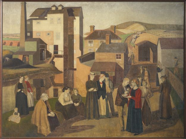 Painting. About a dozen men, women, and one child gather in the street of a town. They all have pale skin with a greenish cast. The women wear long dresses, and the men wear suits. More people walk and talk in the background. The scene is painted mostly with earthy greens and browns.