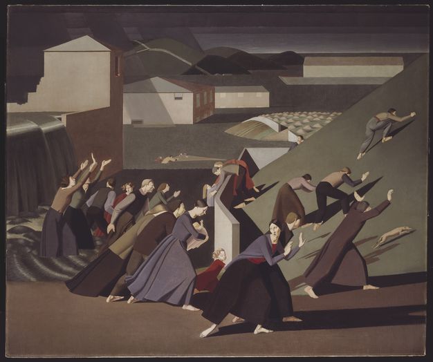 Painting. About twenty pale-skinned men, women, and children flee, their bodies angled sharply to our right, in an abstracted landscape with crisply rendered shadows. Dark water, looking more like charcoal-grey silk, tumbles over a ledge to our left and starts to swirl around some people’s feet.