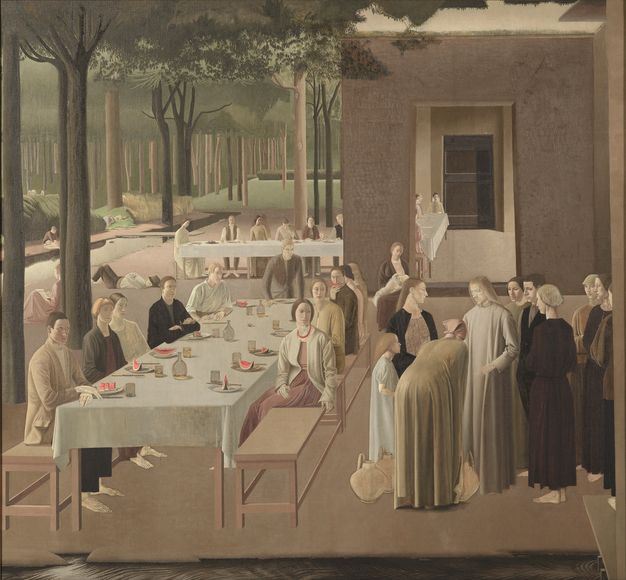 Painting. A woman bows or bends over wine jugs in front of a man, Jesus Christ, standing to our right. Eight people stand around this pair. More people, all of them with pale skin, sit at long banquet tables with slices of vivid pink watermelon on plates before them.
