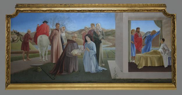 Painting. A wide painting is divided into three scenes, each showing a deed or miracle of Saint Martin. The colours are saturated, and the people wear long robes that fall in straight folds. The clear sky above is brilliant blue.