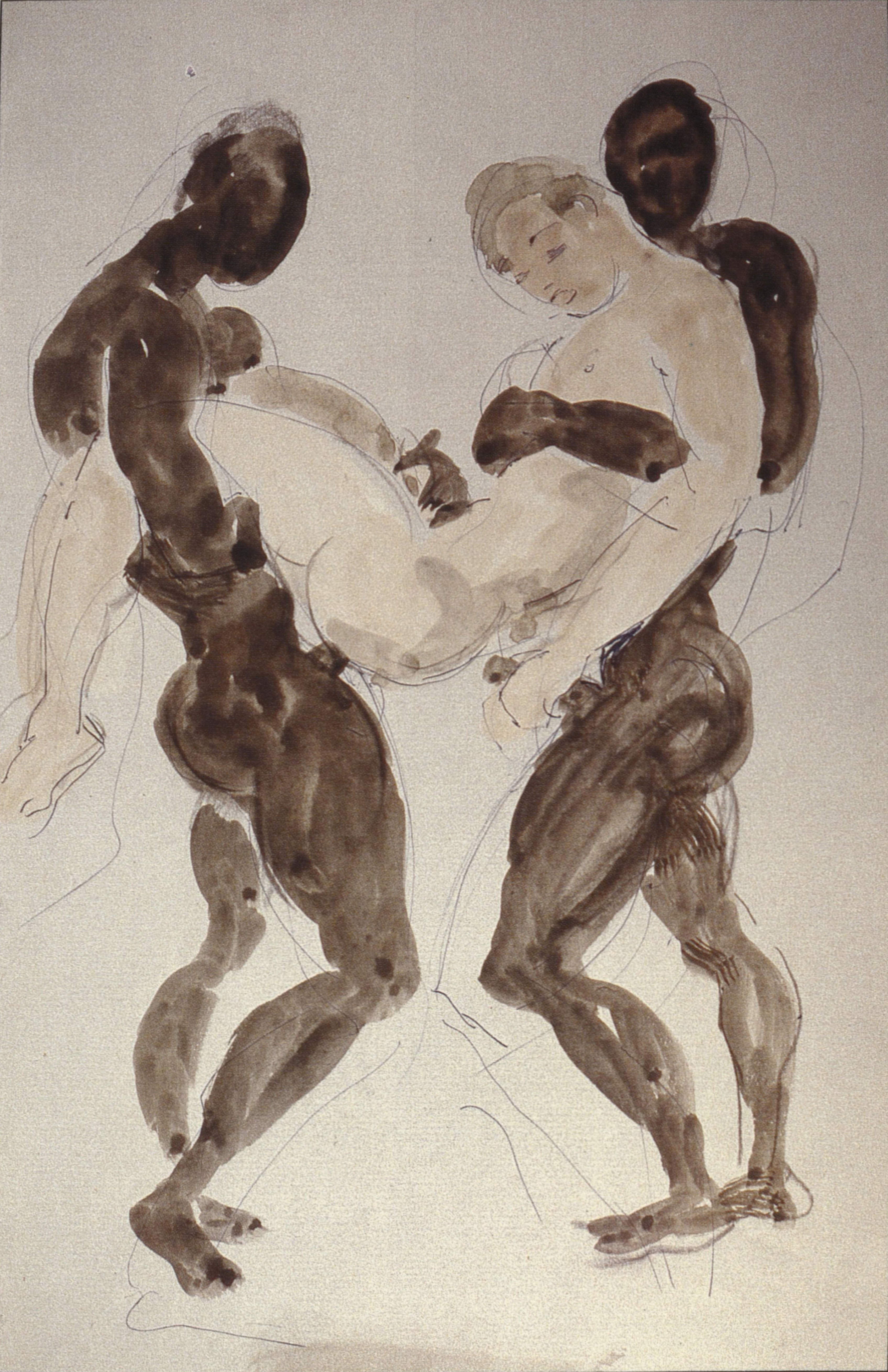 Watercolour. Two brown-skinned men hold up a pale-skinned man. One penetrates the prone man’s anus while he, the prone man, reaches down and holds the erect penis of the other brown-skinned man.