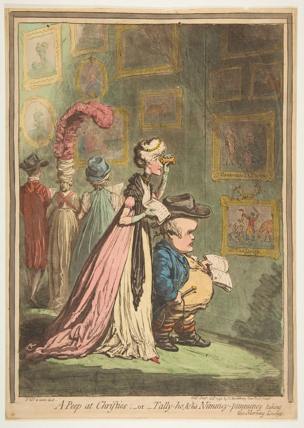 Print. A woman and caricaturized short man peer at closely hung artworks in a gallery. The man has an exaggeratedly large head and rotund belly. The woman looks through a monocle at the work hanging at arm’s reach.