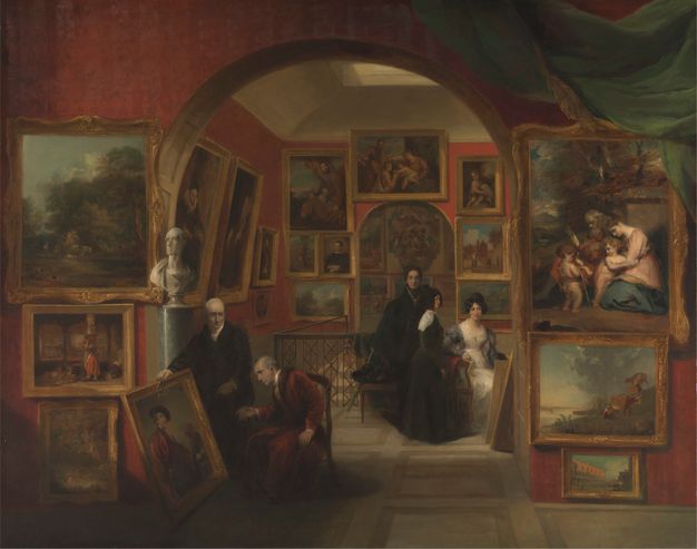 Painting. A room opens onto two further rooms, each separated by an arch. The rooms all have red walls are densely decorated with paintings. Two pale-skinned men in the room nearest us hold and examine a painting that is propped up on the wall. In the second room, three pale-skinned women are also looking at a painting propped up against the wall, its back towards us.