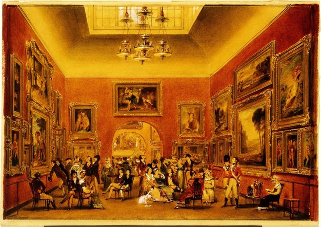 Watercolour. A large gallery is hung two or three paintings high, gold frames touching. The paintings show landscapes, religious and historic subjects, and portraits. Dozens of people sit and stand in the space below.