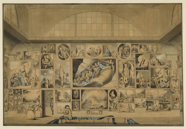 Watercolour. A cavernous room is hung frame-to-frame and floor-to-ceiling with rectangular and oval paintings. Using the scale created by a woman standing by the door, the room is at least three storeys high. The paintings show landscape, history paintings, and portraits.