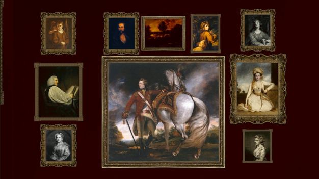 Installation photograph. This reconstruction shows ten paintings on a wine-red wall. Nine smaller paintings are arranged around a larger portrait at the bottom centre of the display. That work shows a man standing next to a white horse.