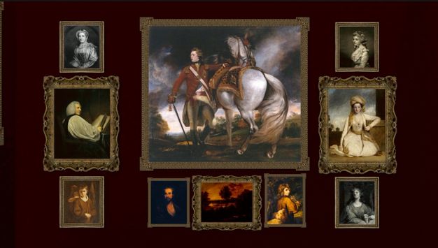 Installation photograph. This reconstruction shows ten paintings on a wine-red wall. Nine smaller paintings are arranged around a larger portrait at the top centre of the display. That work shows a man standing next to a white horse. A column of three paintings to each side have smaller paintings above and below a medium-sized canvas.