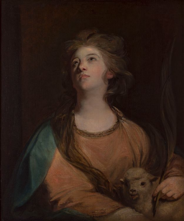 Painting. Shown from the waist up, a pale-skinned woman sits looking heavenward. Her wavy brown hair blows around her heart-shaped face. Light glints on her dark eyes. She wears a voluminous muted pink robe and one hand rests on a lamb in the lower right corner. That hand also holds a palm, which blends with the dark background.