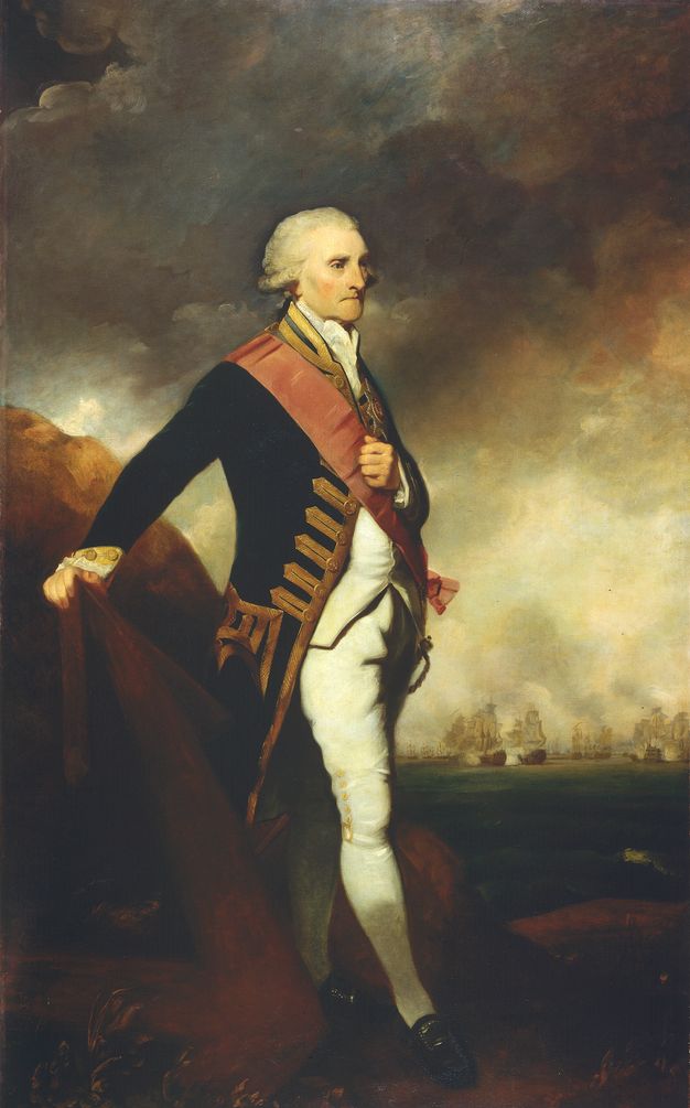 Painting. Full length portrait of a pale-skinned man wearing a military uniform and a white wig stands looking off to our right in front of a seascape under a dark, cloudy sky. One hand rests on the point of an anchor lying in the grass next to him, and the other is held to a dark pink sash that crosses his torso. Masted ships are clustered on the water in the deep distance to our right.