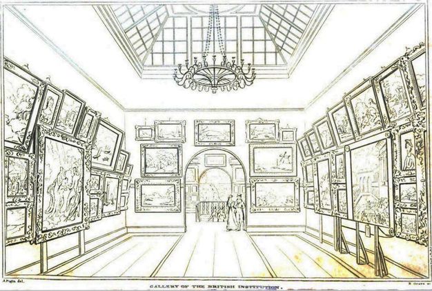 Illustration. A large gallery is hung frame-to-frame and floor-to-ceiling with rectangular paintings. An arched opening opposite from us opens onto other galleries and more doorways.