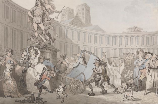 Watercolour. A lively scene is depicted in a bustling public space lined by a building with a curved facade. About ten well-dressed men and women mingle around a statue on a plinth, which has captured some of their attentions. Three male workers move a cart carrying another well-dressed man who leans out to face the sculpture, hands outstretched. In the foreground, a child plays a violin or fiddle as a little white dog appears to dance on its hind legs.