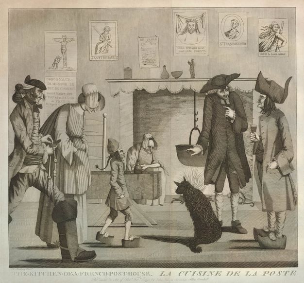 Print. Eight men and one woman stand or walk on a bridge. One man carries a narrow parasol over an elaborately coiffed wig. Another man with a horse whip gets his boots shined.
