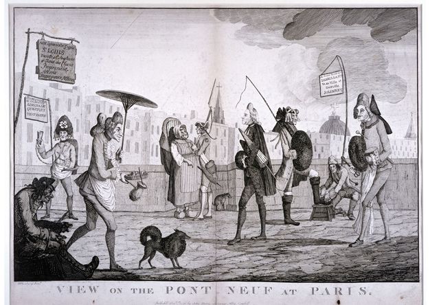 Print. Men and women gather around a brick-faced, arched gateway. At the centre of the composition, a man wearing an apron struggles under the weight of a side of beef. A fat friar smiles as he touches the roast. Two gaunt men wearing tattered clothing and eating soup gape at the butcher.