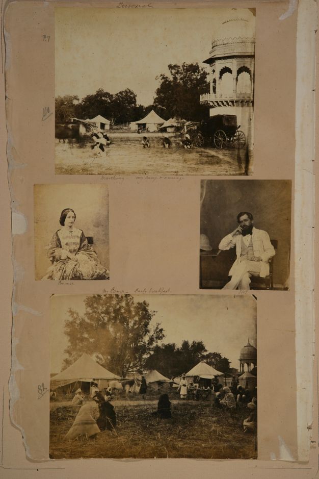 Page of a book. Of four black and white photographs, the top and bottom show people gathered around tents. At the centre are two studio portraits, one of a woman and one of a man.