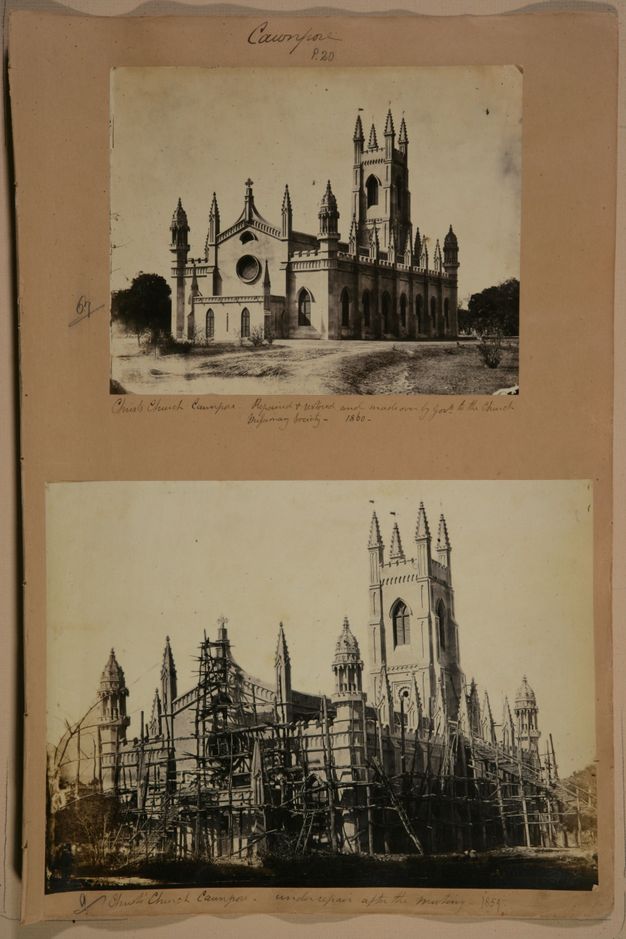 Page of a book. Two black and white photographs of a church with a tower. The bottom image shows the church surrounded by scaffolding.