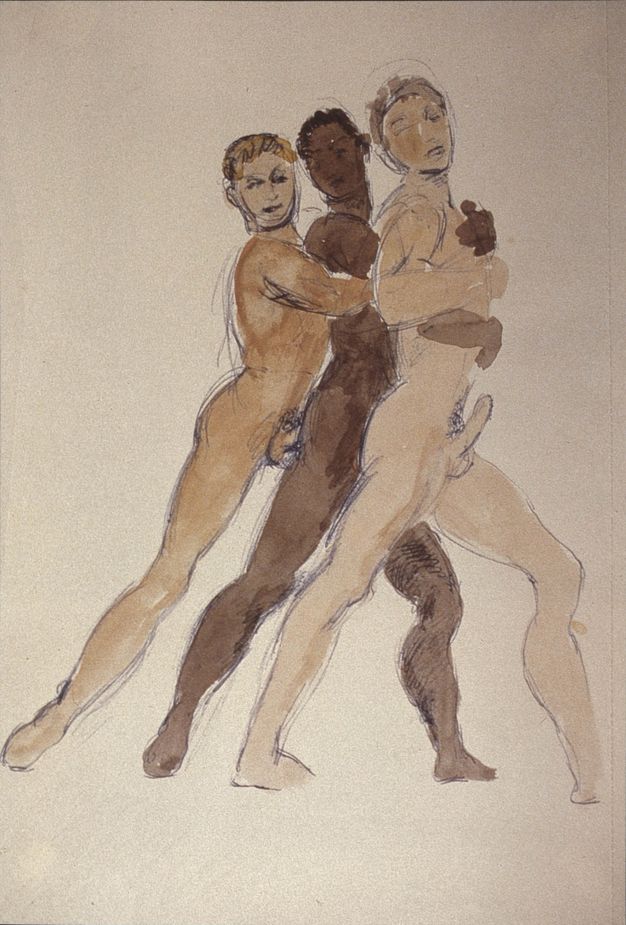 Watercolour. Three nude men stand closely together, taking steps forwards in unison. One has tanned skin, one brown, and one pale skin. They all have erect penises, and they anally penetrate each other.