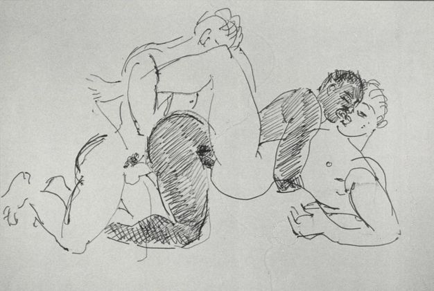 Drawing. Three nude men engage in sexual acts. Two have pale skin, and one is cross-hatched to suggest brown skin. The Black man embraces and penetrates a man facing him, while another penetrates the first from behind.