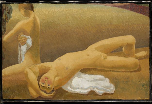 Painting. One man lies on tan-coloured ground and another sits, drying himself with a white cloth. The reclining man holds his arms overhead, his body arcing as he looks at us with blue eyes. The scene is painted with dashes and visible brushstrokes in earthy pale brown or white.