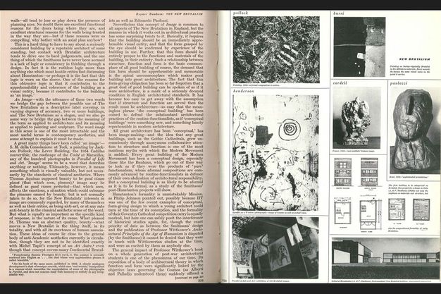 Pages of a journal. The page to our left is filled with two columns of text. A header reads, “Reyner Banham: The New Brutalism”. The facing page is illustrated with seven works of art reproduced in black and white and a few diagrams and floor plans.