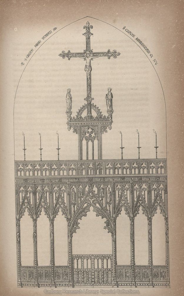 Illustration. Choir screen design with seven bays, each under a pointed arch lined with tracery. The central bay is about twice the width as the thinner bays. Six lit candles sit overtop the bays. A structure with four very short columns and a dome rises over the central bay and supports a crucifixion.