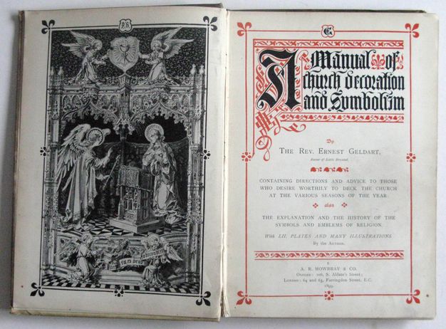 Pages of a book. The title page, to our right, has black Gothic and Roman text set among red ornament reminiscent of an illuminated manuscript. A frontispiece to our left shows the scene of the Annunciation taking place under a choir screen-like structure.