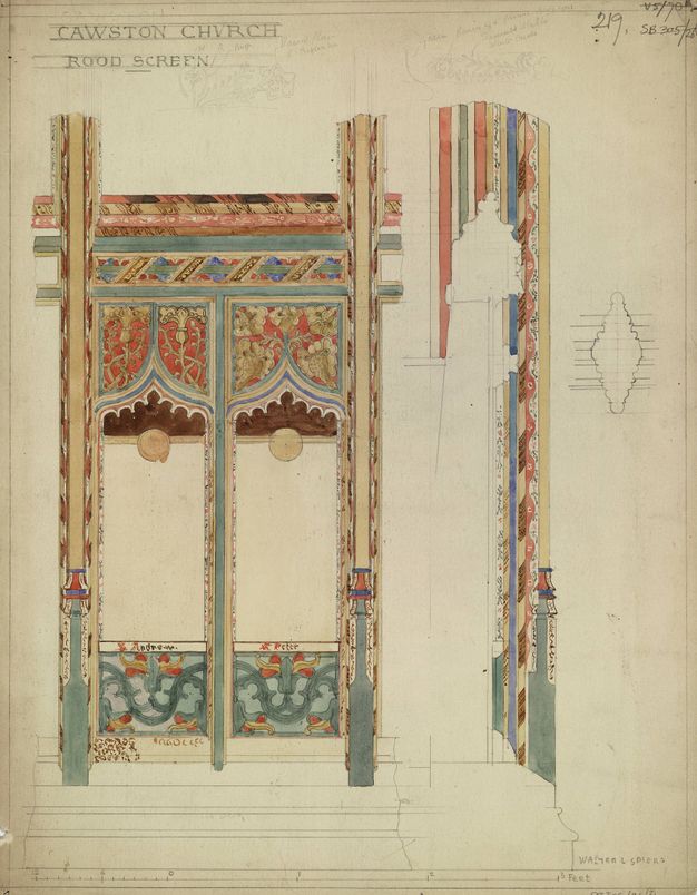 Drawing. Two bays of a choir screen are painted in enamel-like tones of red, green, blue, cream, and pink to show vegetal and abstract ornamentation. A second drawing to our right shows thin bands of pattern that are layered like rock striations.