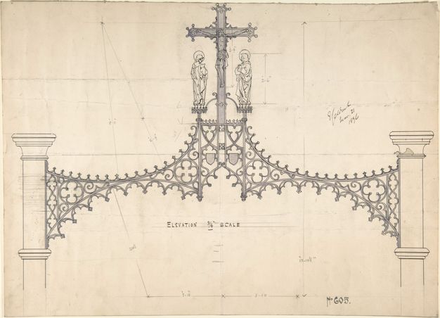 Drawing. Detail view of the loft coving of a choir screen, which would have transitioned from the arches below to the rood group above. The rood group comprises a crucifixion flanked by two people, the Virgin Mary and St John the Evangelist. The tracery of the loft coving creates a lacy web stretching across two columns.