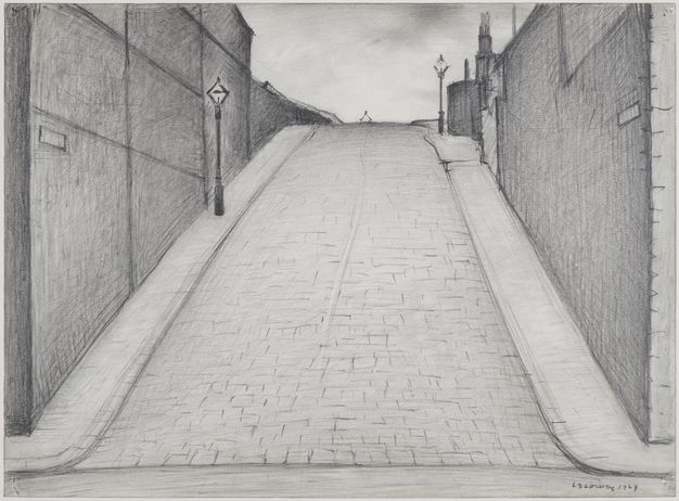 Drawing. A steep, stone-paved hill rises sharply in front of us, coming three-quarters of the way up the composition. Streetlights are widely spaced on the pavements to each side, which are narrow against the tall walls that enclose the hill. The street is deserted.
