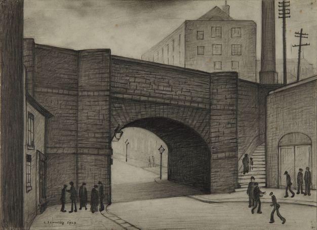 Drawing. A stone underpass with an arched opening connects two sides of a sloping, building-lined street. About a dozen people are black silhouettes on the pavements or in the streets.