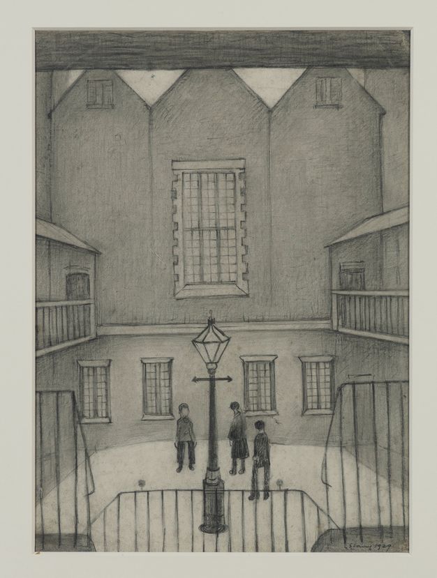 Drawing. We look down at three people milling about a cramped courtyard with a streetlight at its centre. Iron railings in front of us suggest stairs descending to the courtyard. The three-peaked building across from us extends off the top edge of the paper.