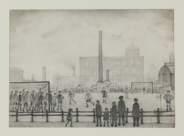 Drawing. Football players face off in a field that stretches before a complex of buildings in the distance. Several smokestacks rise against the blank sky. Four adults and two children watch the game from our side of a fence delineating the edge of the field.