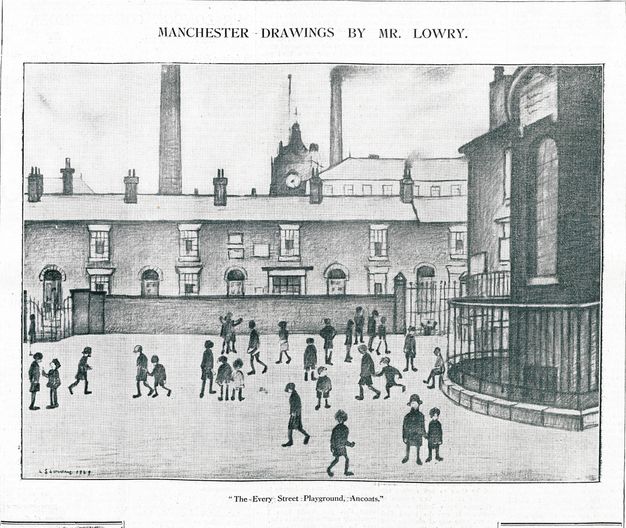 Illustration of a drawing. About two dozen children, mostly silhouetted in black, stand or walk around a courtyard hemmed along the back by a long building. Smokestacks and a clock tower rise above its roofline. Text at the top reads, “Manchester Drawings by Mr. Lowry.”