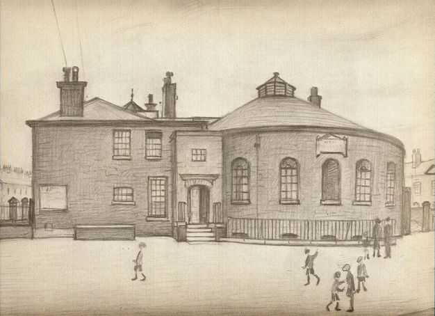 Drawing. A building comprises a blocky form to our left and a rounded room like an oversized turret to our right. Two adults and six children walk or stand in the street in front.