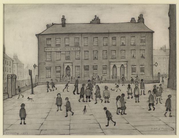Drawing. Children and a few dogs stand and walk in a paved courtyard in front of a three-storey building identified as “Home for Working Men”.